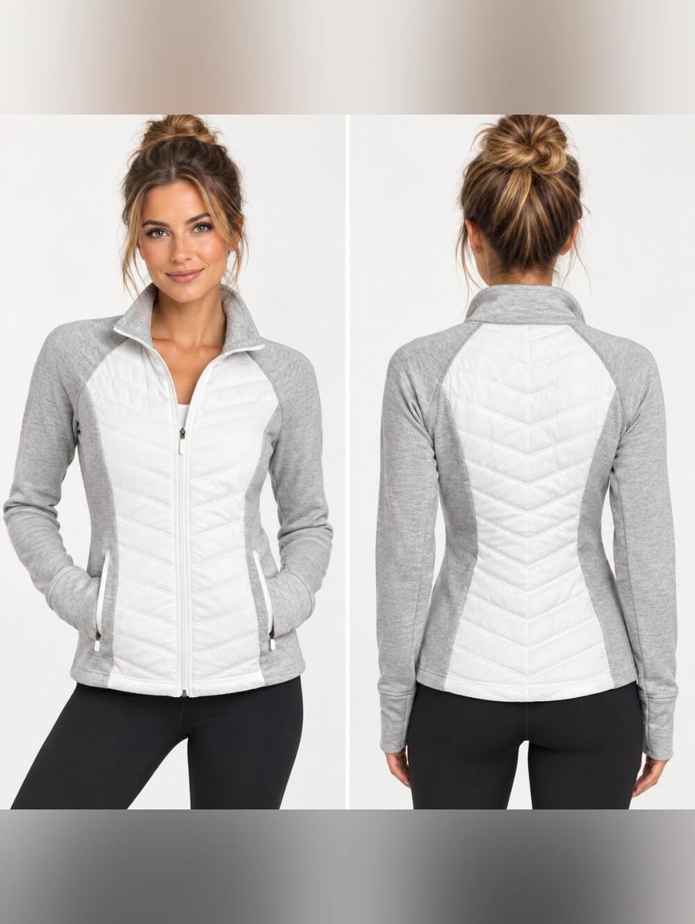 ZELLA Zelfusion Hybrid Quilted Puffer Knit Jacket Grey White M